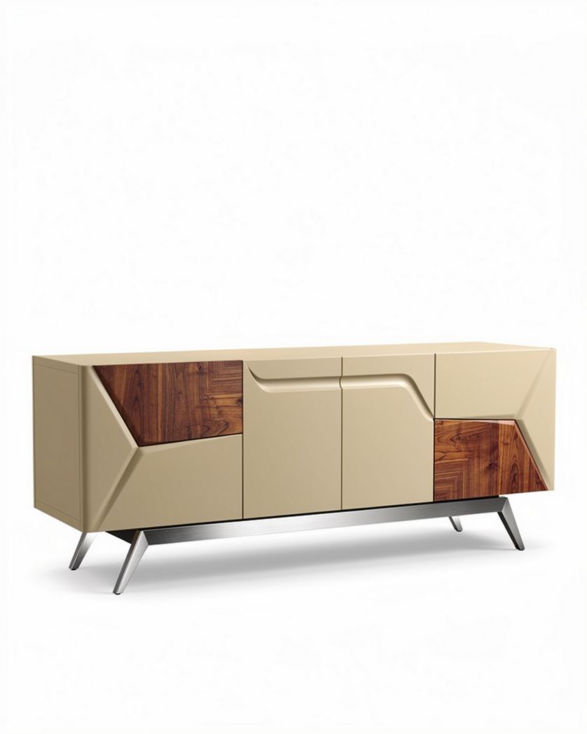 Buffet en bois et mélamine beige avec portes en bois foncé 150 x 45 x 70cm