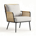 Chaise en rotin naturel avec coussin gris et cadre en métal noir 80 x 70 x 85cm