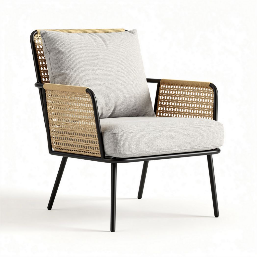 Chaise en rotin naturel avec coussin gris et cadre en métal noir 80 x 70 x 85cm