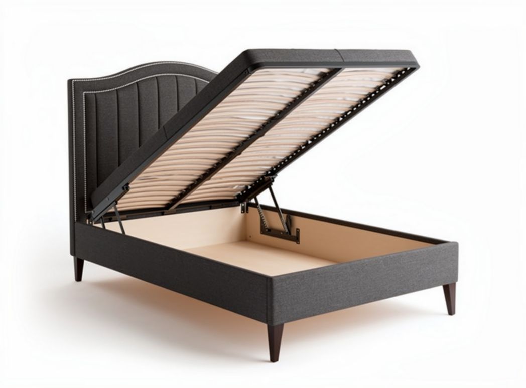 Lit avec sommier à lattes relevable en tissu noir 210 x 160 x 45cm