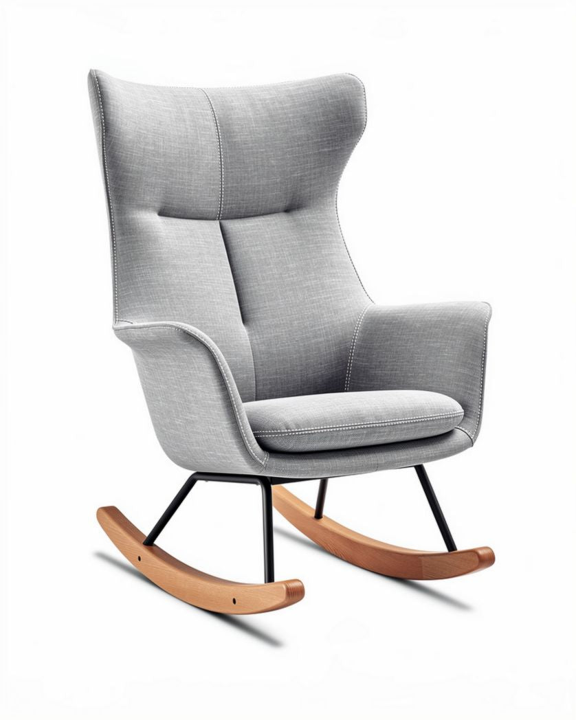 Fauteuil rocking chair en tissu gris avec base en bois 80 x 70 x 100cm