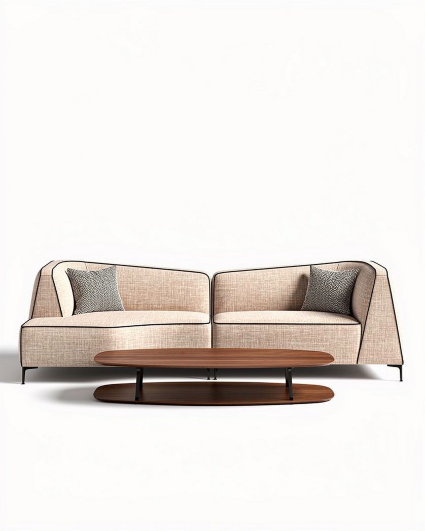 Canapé beige en tissu avec coussins et table basse en bois 220 x 90 x 75cm